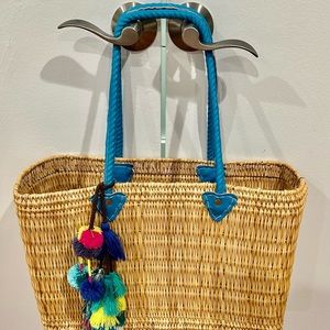 MISA (exclusive) Jane Box Bag w/Sayeh PomPom Natural Straw w/ Turq Leather Trim